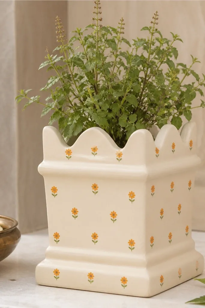 A tulsi pot painted in a smooth cream base. Over it, tiny marigold micro-flowers repeat in a loose pattern, each with a yellow center and orange petals.
