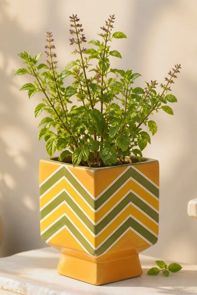 A tulsi pot with repeating chevron stripes in saffron yellow and olive green. The chevrons are symmetrical and point upward toward the rim, with thin white lines between stripes.