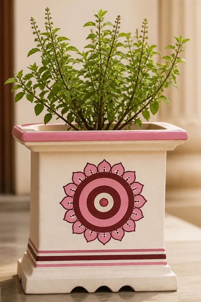 A tulsi pot with a central circular medallion. It has concentric rings in pink, maroon, and white, with small petal shapes around the outer ring like rangoli patterns.