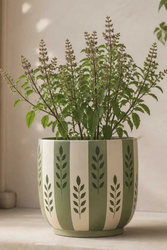 A tulsi pot with alternating vertical stripes in muted sage and cream. Between stripes, leaf silhouettes in deep green repeat like a botanical print.