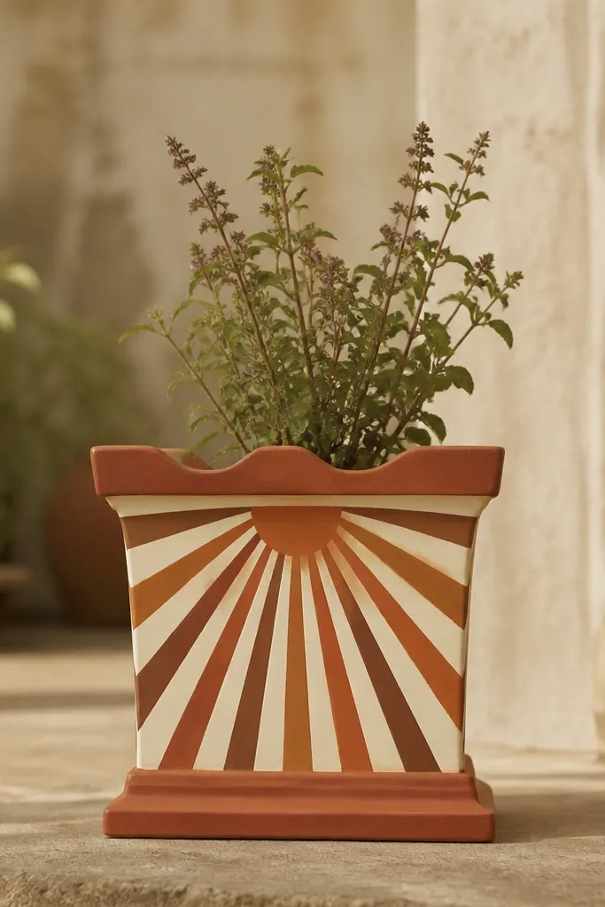 A tulsi pot with sunburst rays painted from a center point near the top. The rays are terracotta orange and burnt sienna, radiating outward like a fan, with a clean cream background band.