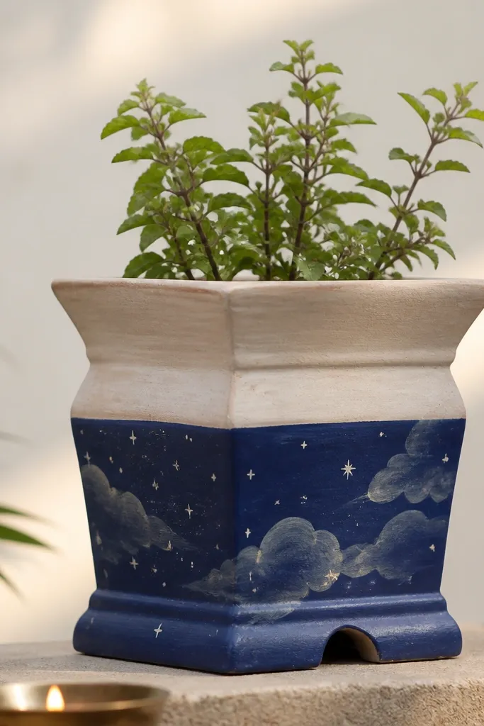 A tulsi pot painted with a deep indigo wash on the lower half. Small white stars are scattered across it, with a few faint grey clouds painted as soft swirls.