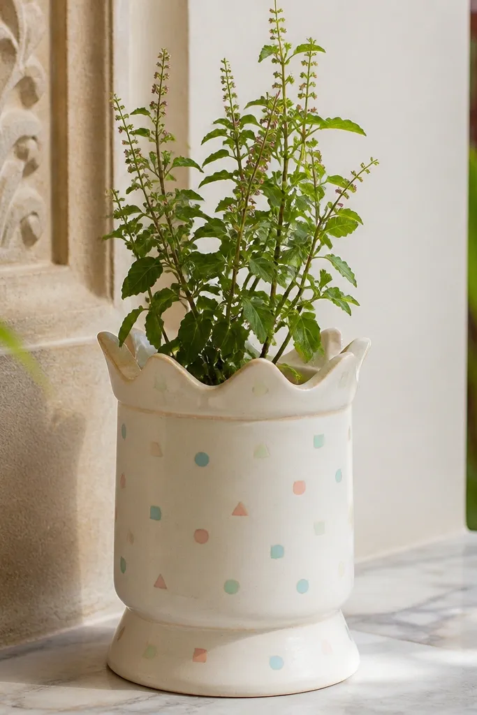 A tulsi pot with a light cream base and scattered geometric shapes: tiny triangles, squares, and circles in pastel peach, mint, and pale blue. Shapes are spaced evenly and look like confetti.