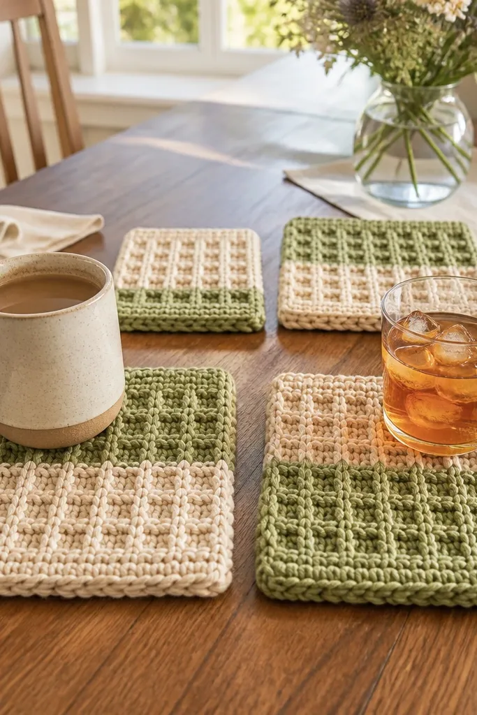 Two round waffle-texture coasters in black and cream with thick edges