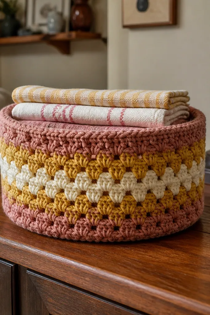 A small striped crochet basket with a thick upright rim in rust and oatmeal