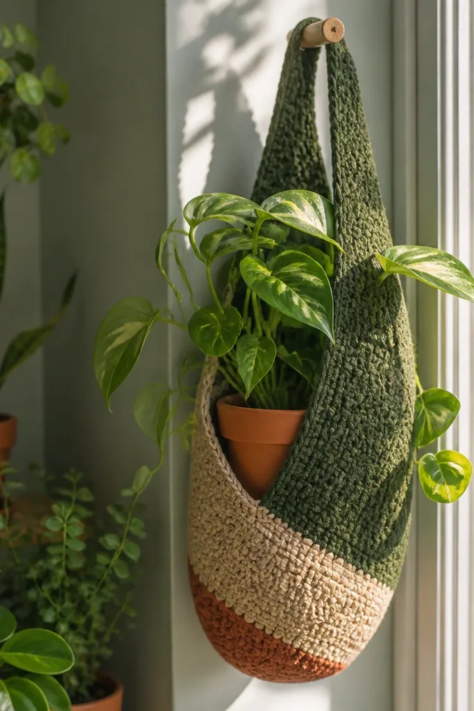 A hanging crochet plant pocket with moss stitch texture in sage and cream panels