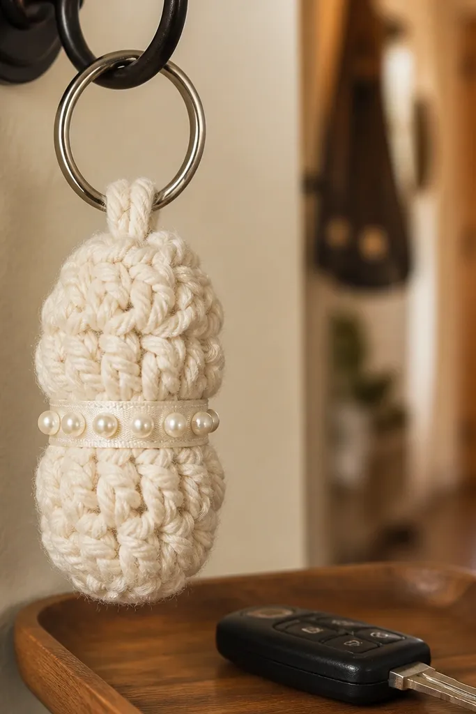 A small puff-stitch crochet keychain with a pearl-like trim and a gold ring