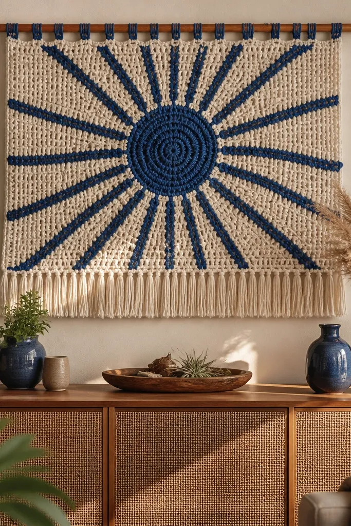 A sunburst crochet wall hanging in mustard and cream with short fringe