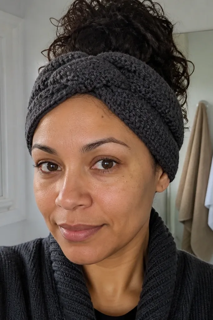A crocheted headband with cable-like twists in charcoal gray
