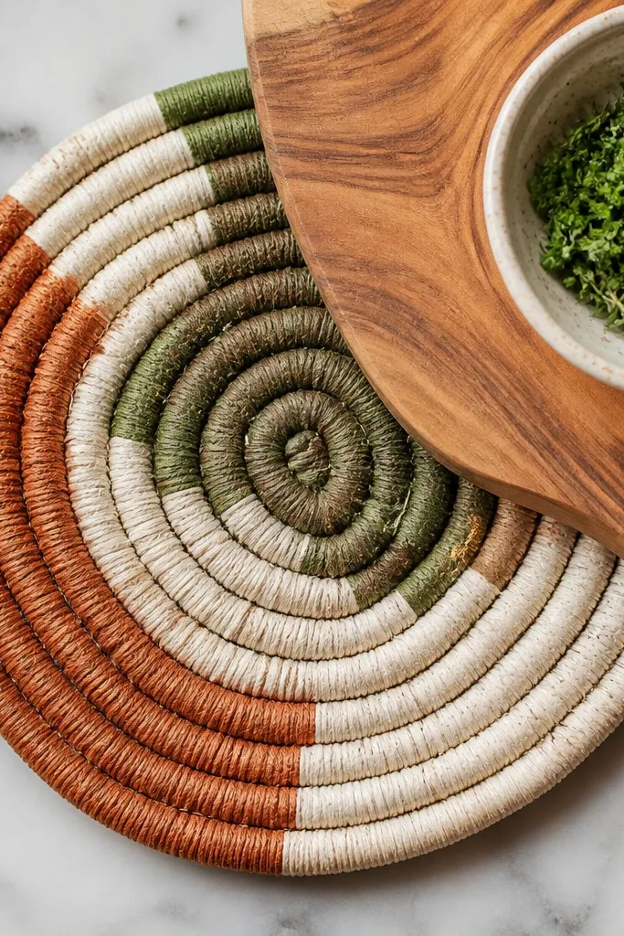 A coiled crochet trivet in orange, cream, and terracotta with a spiral pattern