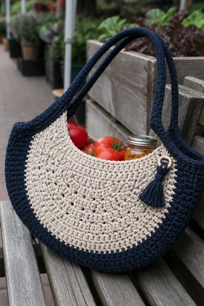 A half-moon crochet market bag in teal with two wide straps