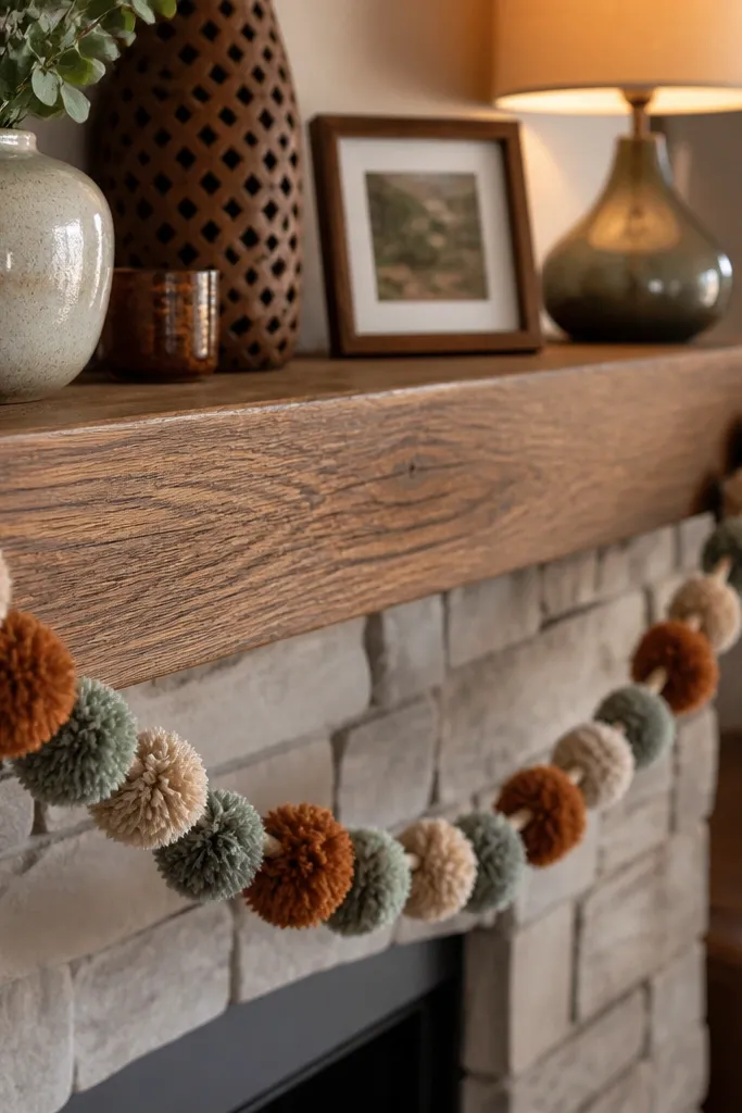 A garland of small pom-poms in mixed colors strung on twine