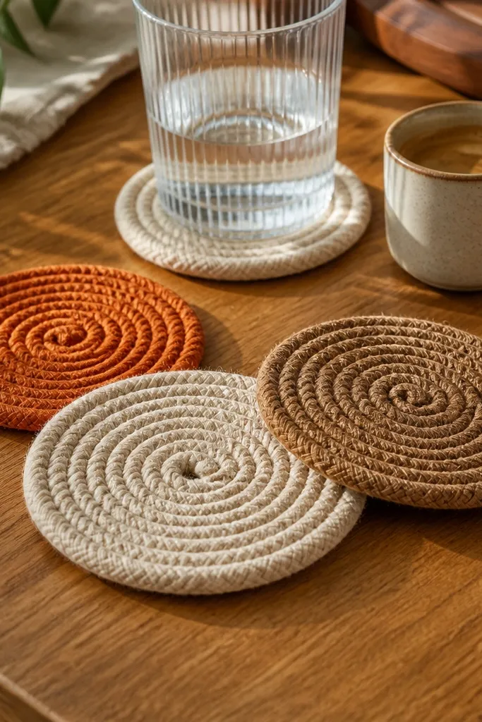 Four round braided-looking crochet coasters in cream with tan accents