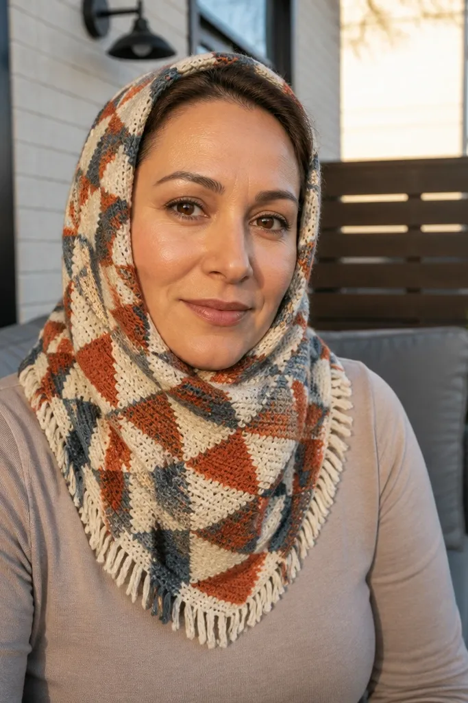 A triangle crochet scarf with geometric color blocks and fringe in burgundy and beige