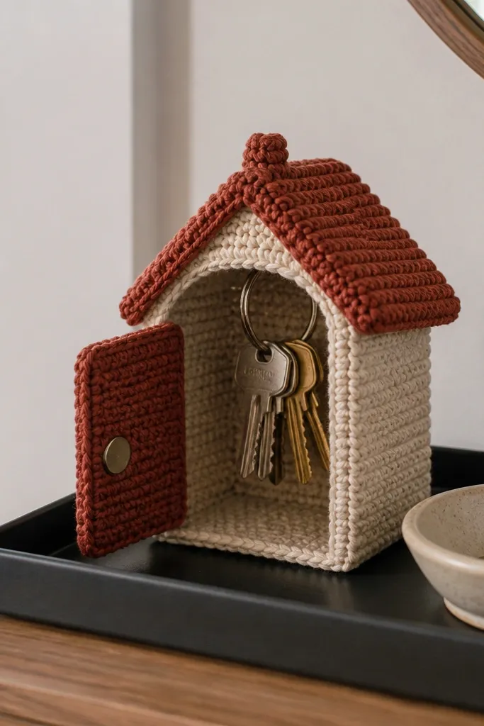 A small crocheted house key holder with a door opening and a magnetic clasp