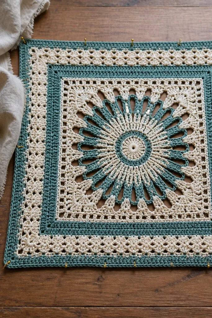 A crochet square blanket pattern with lattice rays and a contrasting framed border