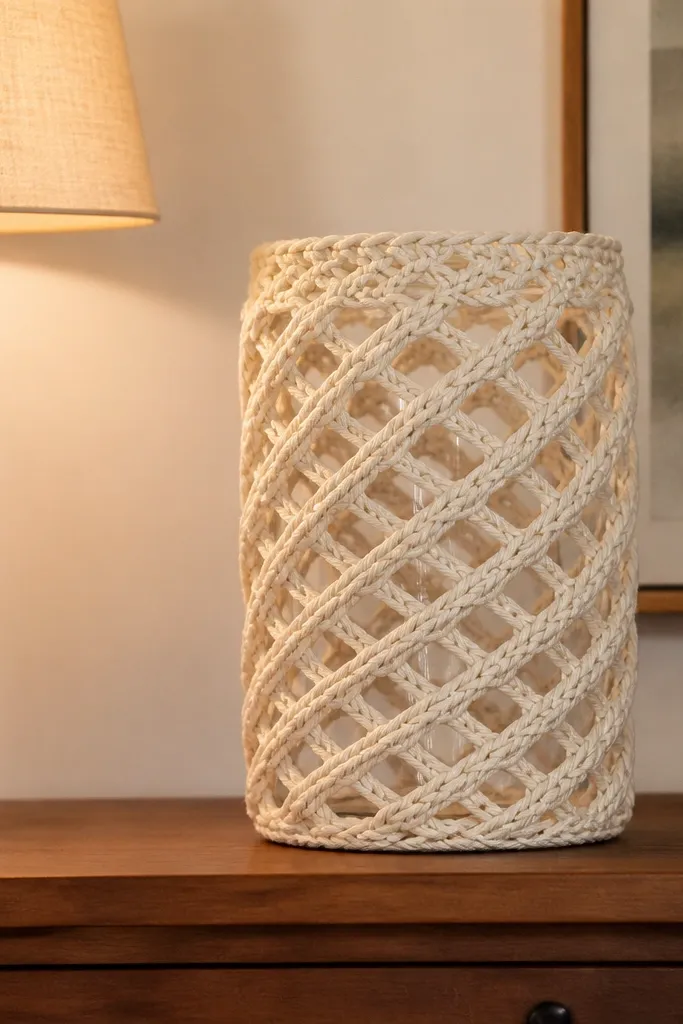 Spiral lattice crochet cover hangs on wall over a small vase