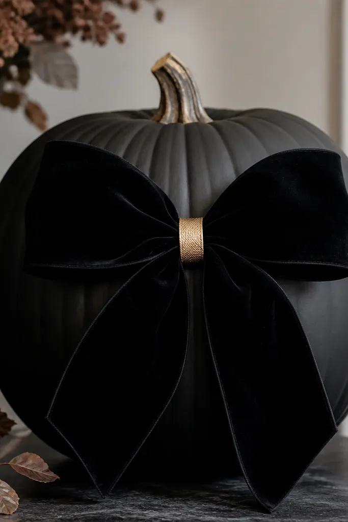 A smooth orange pumpkin painted matte black with a large hand-tied velvet bow on the front; the bow is black with soft sheen, and a thin strip of gold ribbon wraps the bow's center.