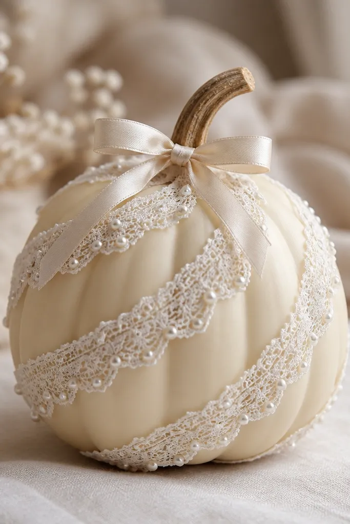 A cream-colored pumpkin wrapped with off-white lace that spirals upward; tiny pearl-like beads are dotted along the lace edge, and the stem has a small satin bow.