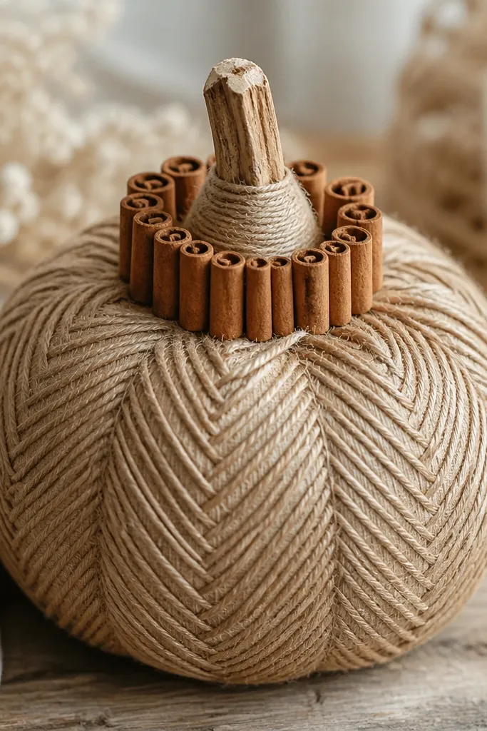 A natural tan pumpkin wrapped with jute twine in a chevron pattern; a ring of cinnamon sticks circles the center, and the stem has a small twine wrap.