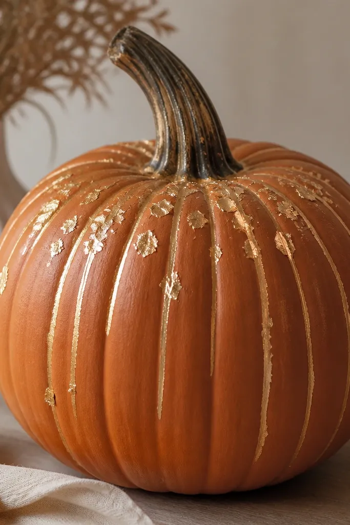 A pumpkin painted deep spiced orange with hand-drawn gold drip lines from the top; small gold leaf flakes catch the light near the drips.
