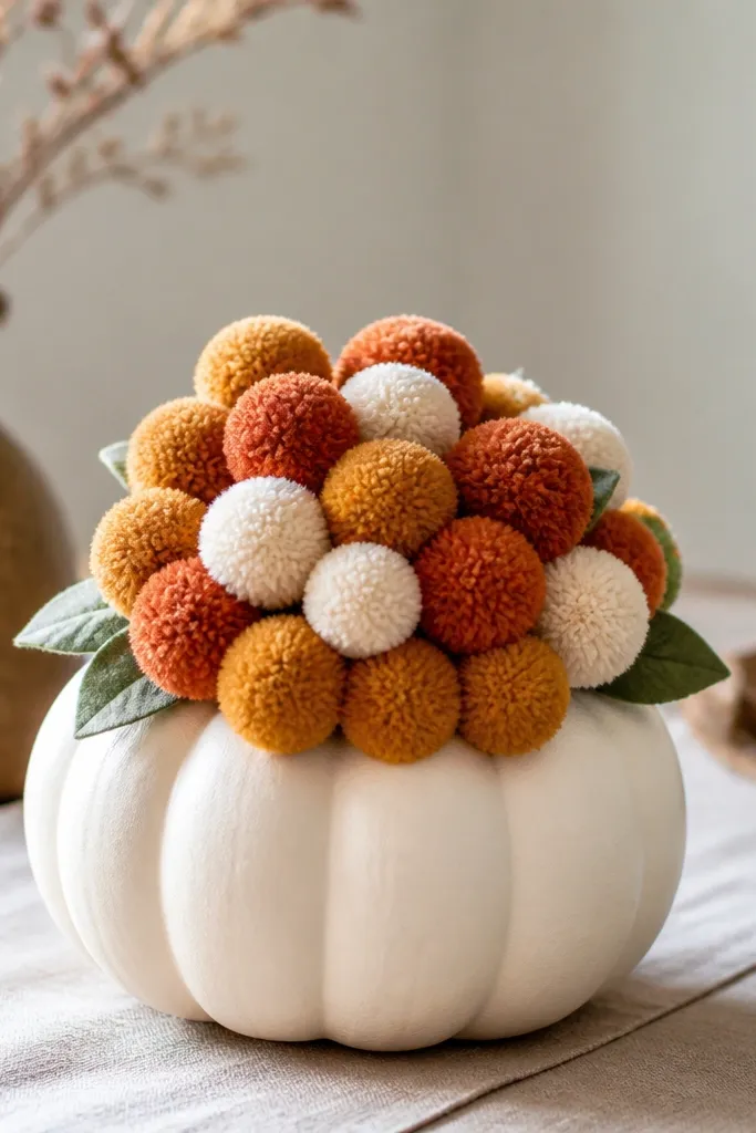 A cream pumpkin with a dense cluster of small pom-poms at the top like a bouquet; the pom-poms are rust, mustard, and off-white with a tiny green felt leaf accent.