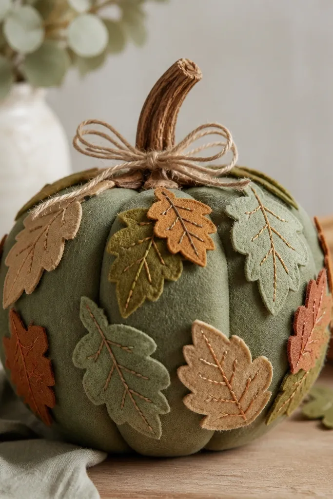 A muted green pumpkin covered with scattered felt leaves in layered shapes; each leaf has visible curved embroidery thread veins, and the stem has a small twine bow.