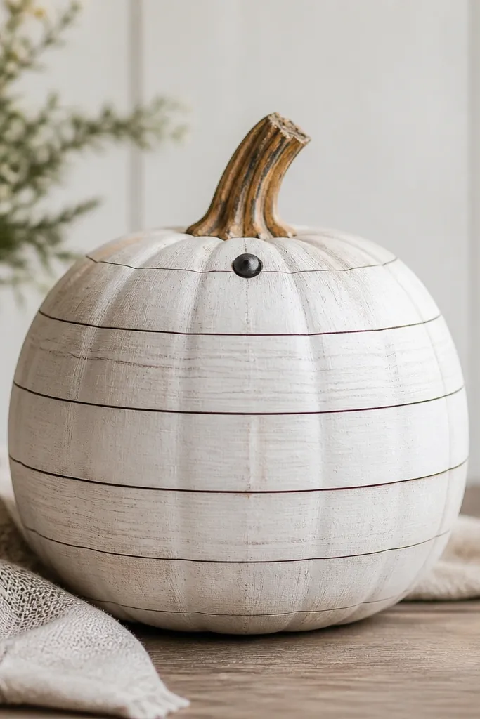 A white pumpkin with horizontal faux wood planks made from craft vinyl; thin dark lines separate the "planks," and a small black numeral sticker sits near the stem.