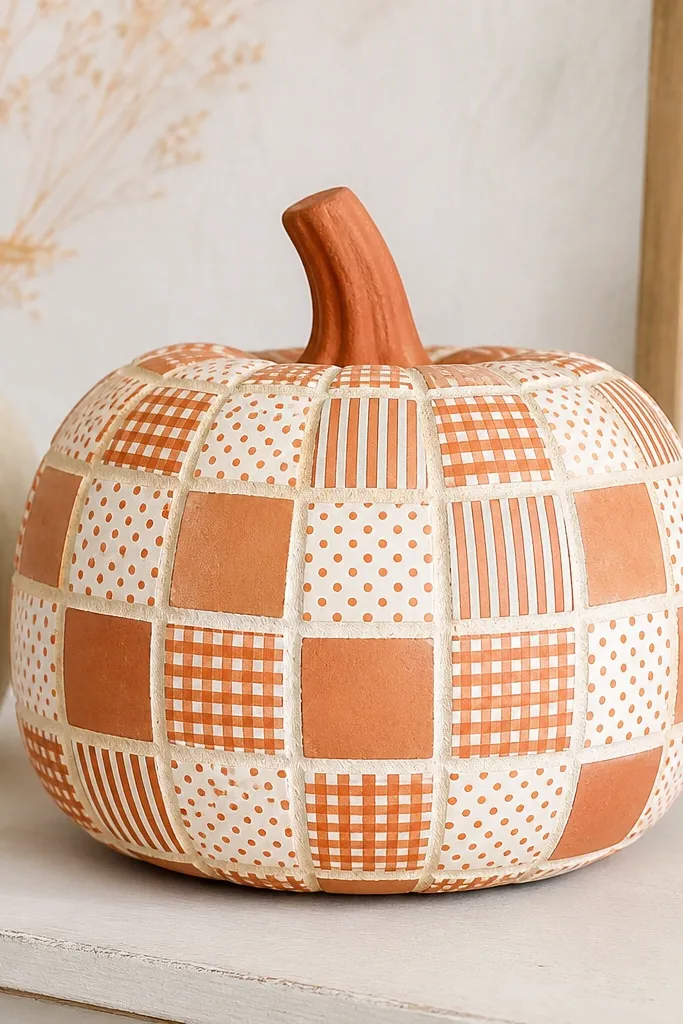A terracotta pumpkin covered in small square paper tiles; the tiles alternate patterns like gingham, polka dots, and stripes, with thin white grout lines between.