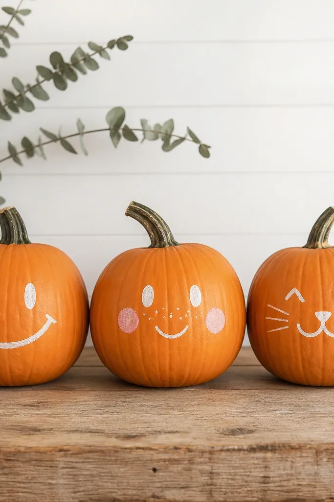 A set of three pumpkins: one with a simple smiley face, one with rosy cheeks and freckles, and one with a cat-like grin; all faces are drawn in white and blush chalk markers.
