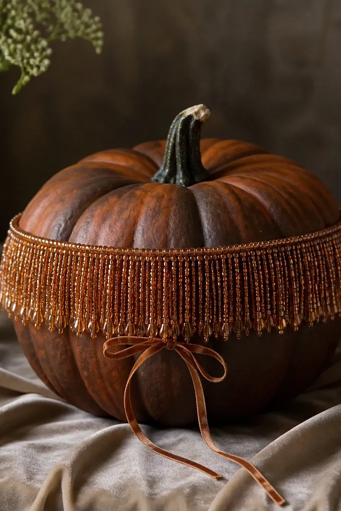 A dark orange pumpkin with a wide ring of beaded fringe around the middle; beads catch light and a thin ribbon bow sits under the fringe.