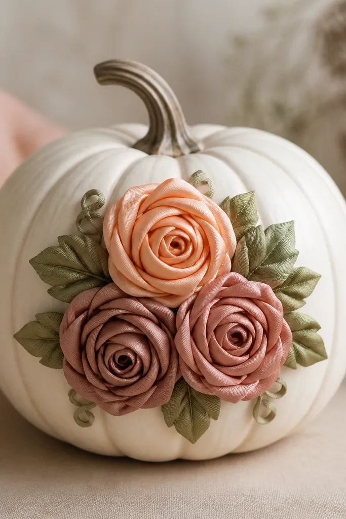 A cream pumpkin covered with three fabric ribbon roses on the front; the roses are peach and dusty rose with green leaves, and the rest of the pumpkin is plain.