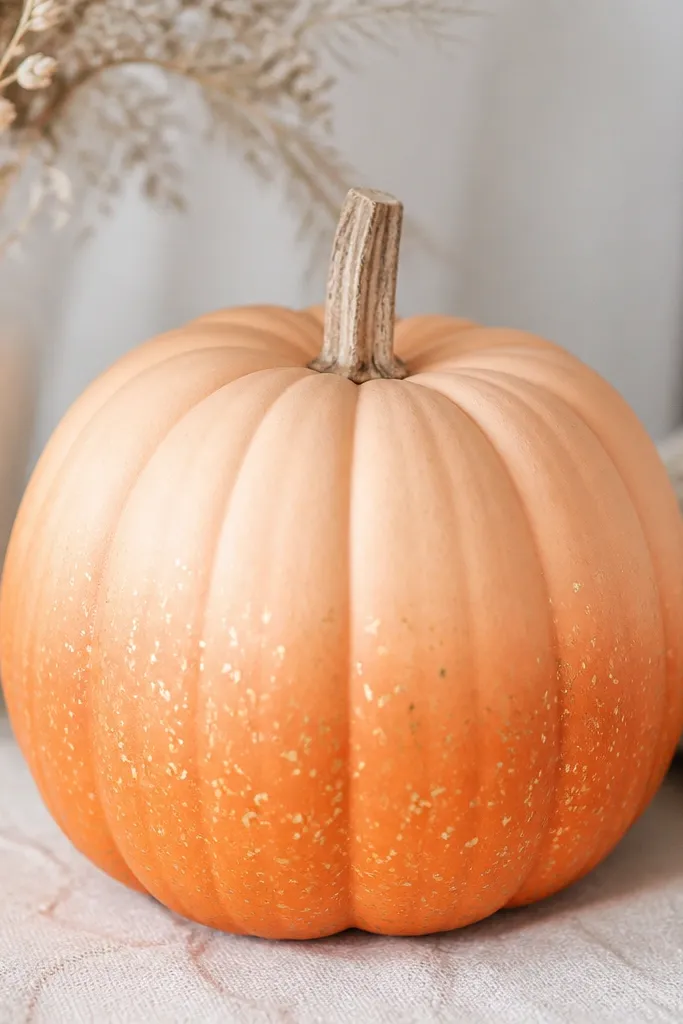 A pumpkin with a smooth ombre: light peach at the top blending to deeper orange at the bottom; tiny gold dot speckles scatter across the lower half.