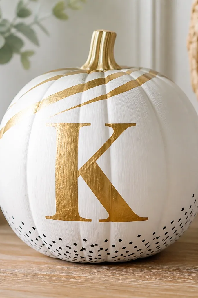 A white pumpkin with a large metallic gold initial painted on the front; metallic stripes wrap diagonally near the stem, and a small black dot pattern accents the base.