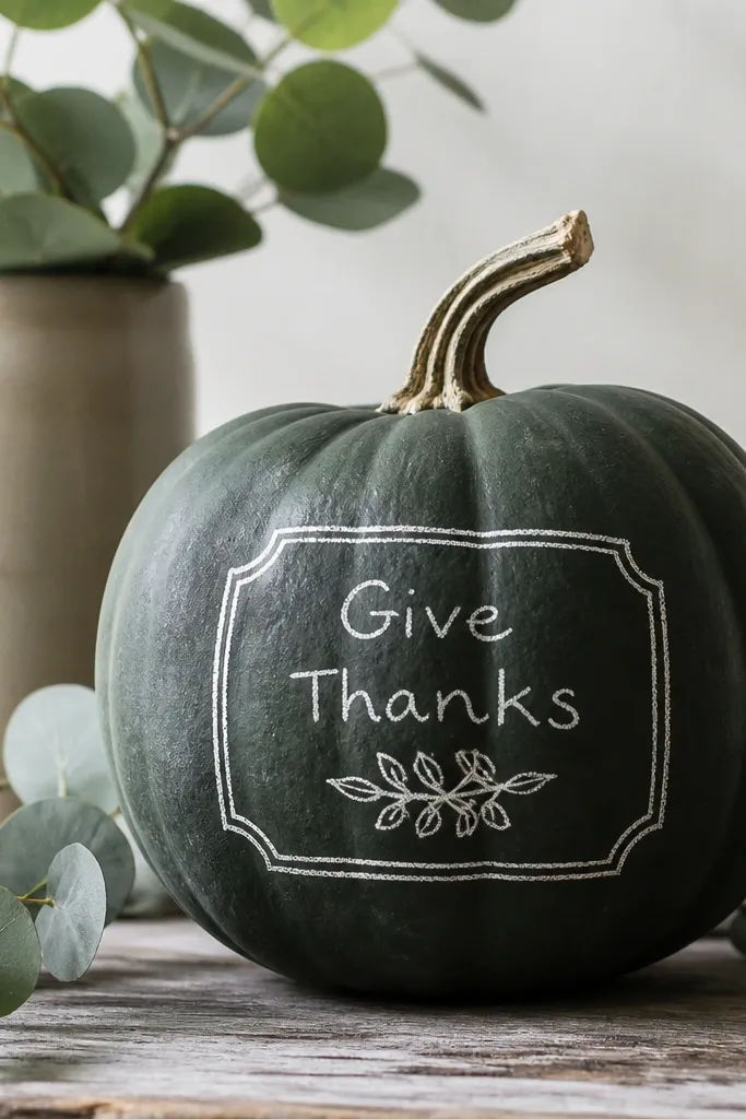 A dark green pumpkin painted chalkboard-style with a small rectangular label drawn in chalk; the label has handwritten words and a simple leaf doodle.
