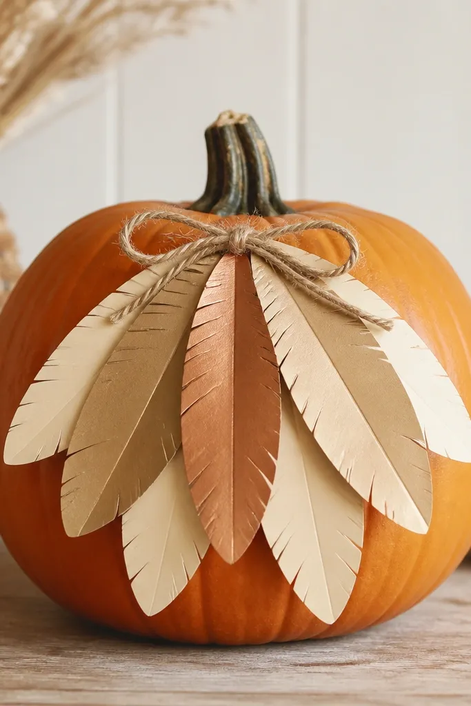 A pumpkin with a fan of paper feathers glued to the front; feathers are layered in cream, tan, and copper, with a small twine bow at the top.