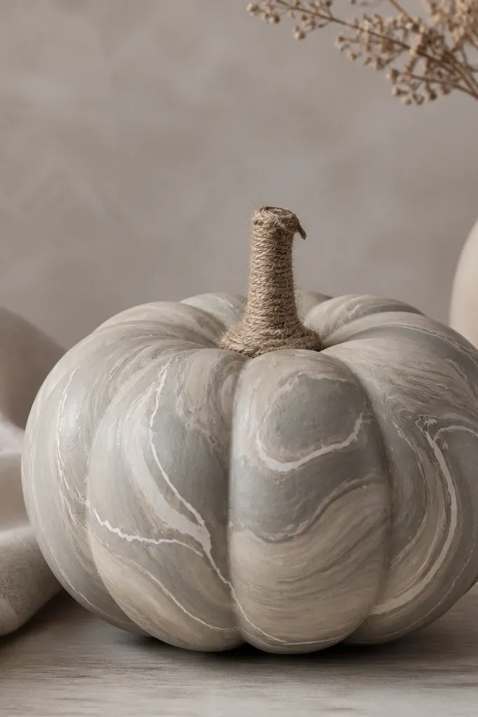 A pumpkin painted in gray-beige marbled swirls with thin white vein lines; the stem is wrapped in twine and the whole piece has a soft matte finish.