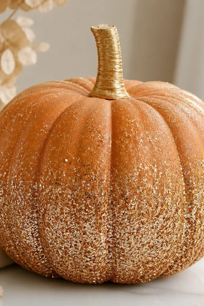 A pumpkin with glitter film or glitter glue applied in an ombre from bottom glitter-heavy to top lightly sparkly; the stem is wrapped in gold ribbon.
