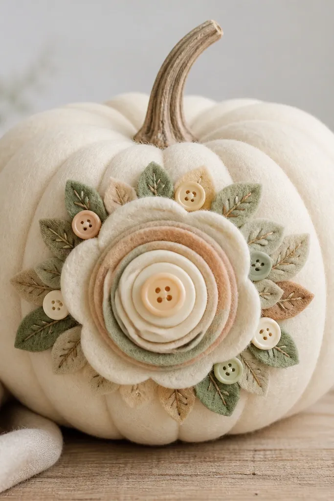 A cream pumpkin with a rosette made from felt circles and layered buttons; the rosette is centered and surrounded by tiny felt leaves.