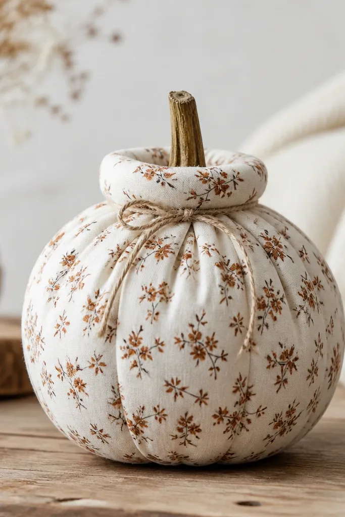 A pumpkin covered in a patterned cotton fabric wrap that looks like a cozy sweater; the seam is hidden at the back with a small Velcro patch, and the top has a rolled cuff with twine.