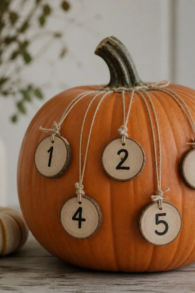 A pumpkin with several small wood slice tags attached like ornaments; each tag has a number painted in black, and thin twine ties them to the pumpkin's front.