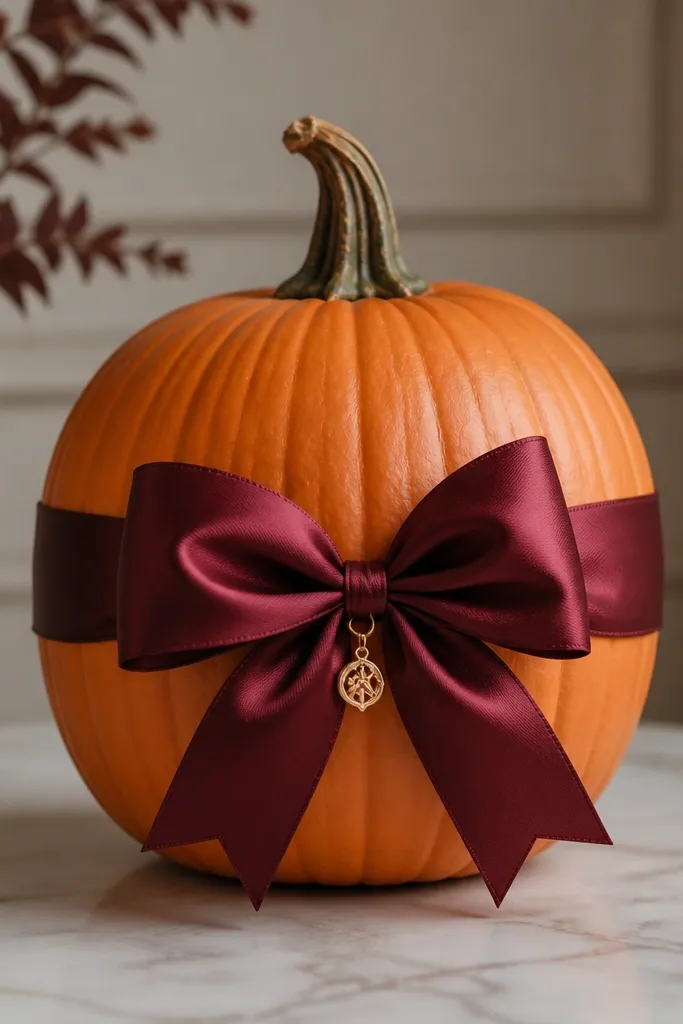A pumpkin wrapped with a satin ribbon belt around the middle; the belt is burgundy, and a big bow sits on the front with a small gold charm hanging from it.
