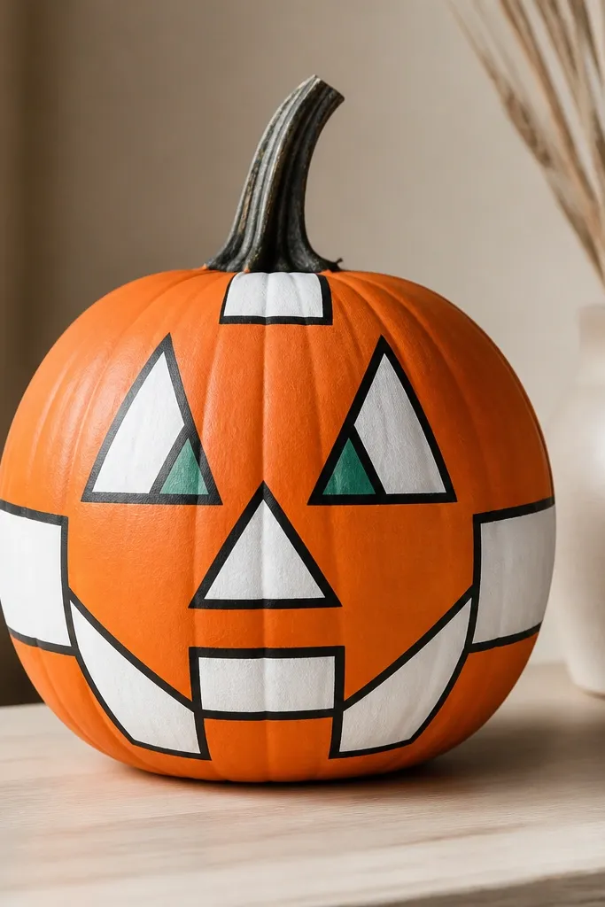 A pumpkin painted in clean geometric shapes: white taped triangles and blocks forming a face; the background is orange with black outlines and a tiny green accent near the eyes.