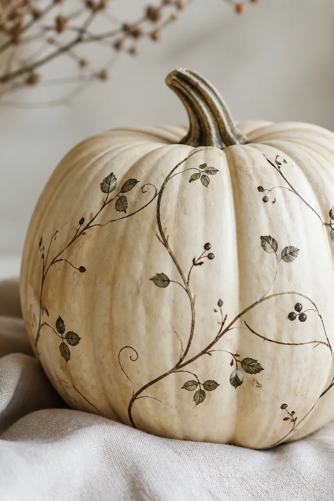 A pale beige pumpkin with thin chalk ink vines wrapping around it; tiny leaf shapes and a few berries are drawn in dark brown and green chalk.