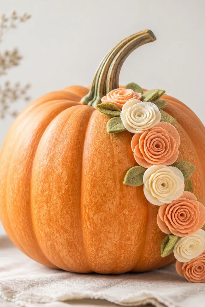 A pumpkin with a small rolled felt flower garland draped from the stem to one side; flowers are layered in peach and cream with tiny green felt leaves.