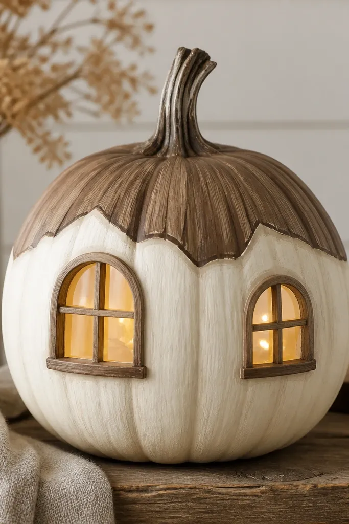A pumpkin painted off-white with two faux window frames made from thin wood strips; inside the windows are warm light LEDs, and the roofline is painted brown.