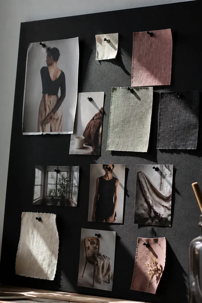 Matte black cork board with fabric swatches pinned in a neat grid