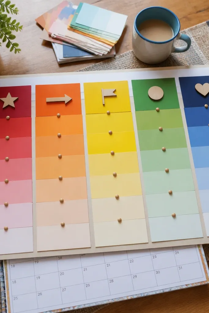 Vision board with paint chips arranged in a rainbow timeline across a board
