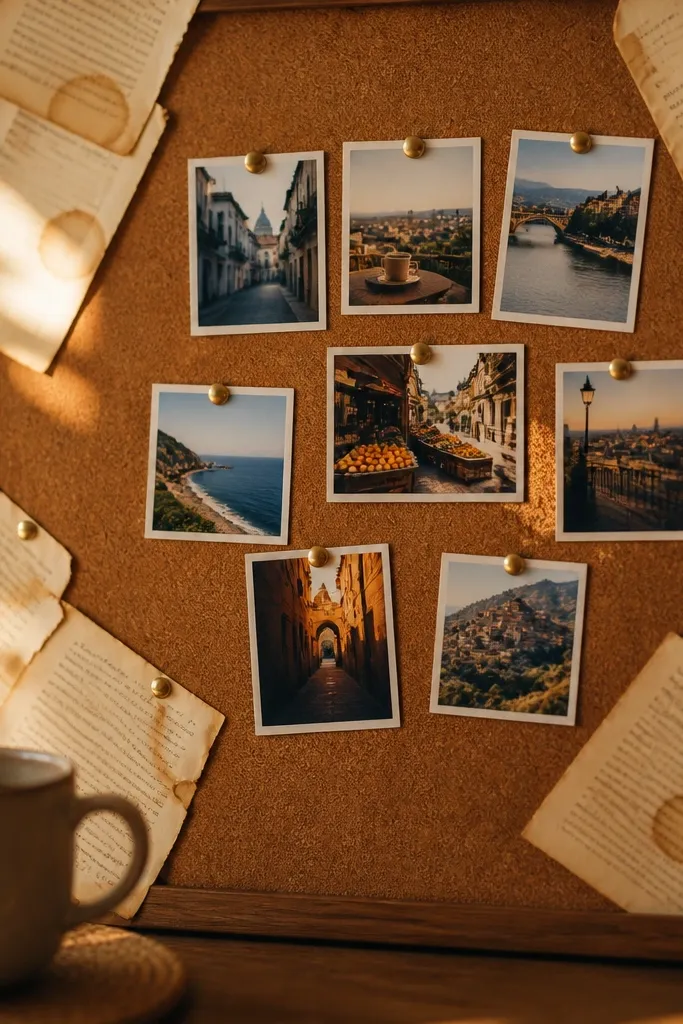 Board corners made from coffee-stained book pages with a clean center collage