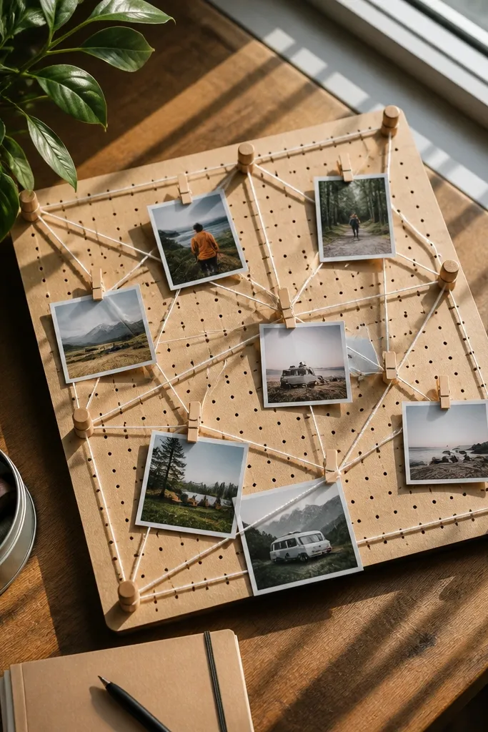 Cork board with string lines and mini pegs holding small photos